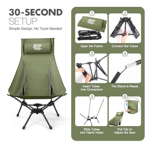 AuroraTrail High Back Folding Camping Chair with Pillow – Lightweight Portable Outdoor Chair with Cup Holder & Carry Bag, Sturdy Aluminum Frame Supports up to 374 lb for Camping, Hiking & Festivals - color: Green