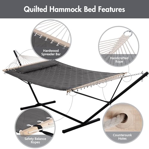 ANOW Double Hammock with 12FT Heavy Duty Steel Stand Included, 2 Person Hammock with Stand for Outdoors, 450 LBS Weight Capacity, Gray - color: Grey, size: 2 Person With Stand