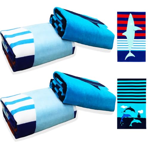 4-Pack Beach Towels 100% Cotton Extra Large XL 34"x63" Soft Absorbent Velour Throw Blanket Gift for Bath Holiday Swimming Pool Sports Camping Picnic Yoga, Dolphin Shark Vessel. - color: Shark Dolphin Stripe, size: 63.00"x34.00"