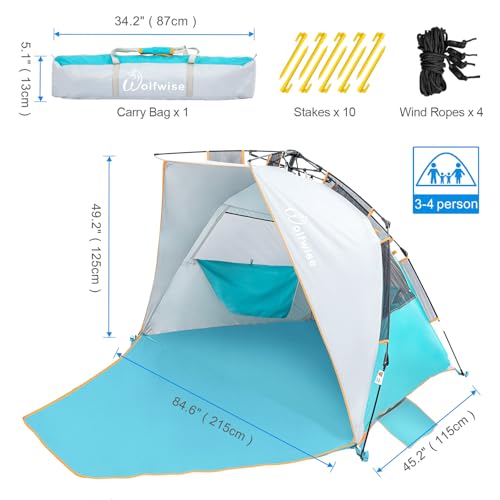 Wolfwise Instant Beach Tent Sun Shelter with Zippered Extendable Porch for Privacy, Portable with Carrying Bag, Easy Setup Pop up Beach Shade for 3-4 Person, 85 x45x49 IN, Blue - color: Blue, size: 3-4 Person
