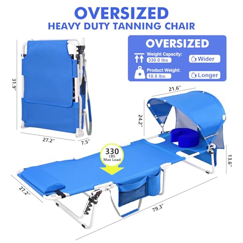 Oversized Extra Wide Tanning Chair with Sun Canopy Face Hole Padded Adjustable Washable, Heavy Duty Layout Folding Lounge Chair for Outside Beach Reading Sunbathing, UPF 50+, XL, Plus Size, 330 LBS - color: Royal Blue, size: Oversized