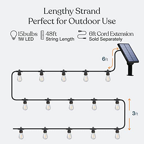 Brightech Ambience Pro Solar Powered Outdoor String Lights, 48ft Remote Control Commercial Grade Waterproof Patio Lights, 15 Edison Bulbs, Shatterproof LED String Lights for Outside - 1W Soft White - style: Bright (1W) Remote Control 48FT
