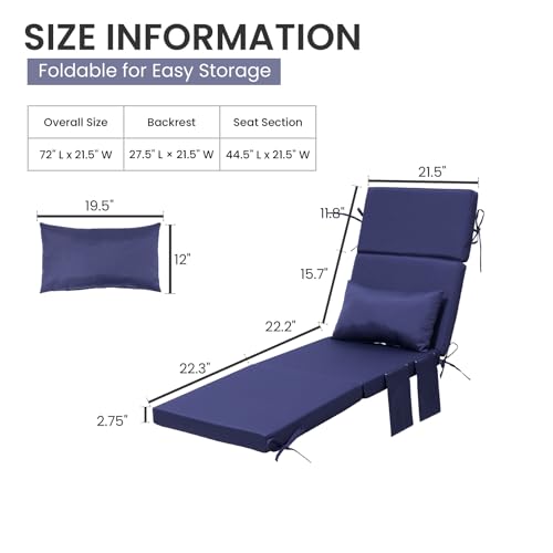 Crestlive Products Foldable Outdoor Chaise Lounge Cushions with Head Pillow and Side Pockets, Water Resistant & Fade Resistant Lounge Chair Cushion, 72''L x 21''W, Navy - color: Navy, size: 72"l X 21"w