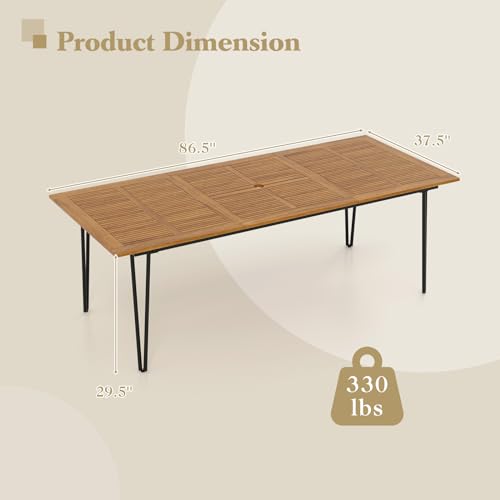 Tangkula 86.5" Large Patio Dining Table for 8, Acacia Wood 8-Person Dining Table with 2" Umbrella Hole & Metal Legs & Adjustable Foot Pads, Rectangular Outside Table for Garden, Poolside & Backyard - size: 86.5"