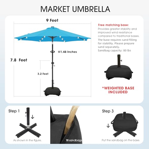 wikiwiki 9FT Solar Led Patio Umbrella with Base Included, 32 LED Lights, 8 Sturdy Ribs, Fade Resistant Waterproof POLYESTER DTY Canopy for Garden, Lawn, Deck, Backyard & Pool, Sky Blue - color: Sky Blue, size: 9FT