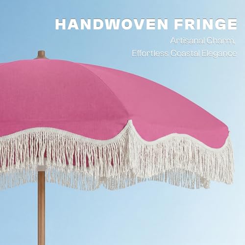 7ft Patio Umbrella with Fringe, Boho Beach Umbrellas, Outdoor Tassels Umbrellas with Push Button Tilt & Carrying Bag, 8 Windproof Fiberglass Ribs, UPF50+ - color: Rose Pink