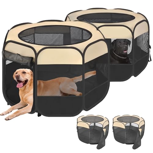 2-in-1 XLarge Pop Up Dog Cat Playpen, Detachable into 2 Separate Pens, Assembly-Free Portable Puppy House Collapsible Crates Pet Pen Tent Kennel Kitten Enclosure Cage Indoor Outdoor Foldable(L) - color: Beige, size: L, 83.5"L x 41.4"W x 32.3"H
