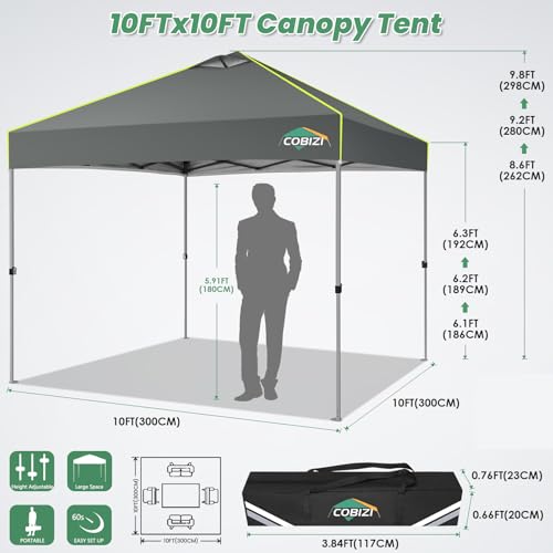 COBIZI 10x10 Pop Up Canopy Tent Without Removable Sidewalls, One Push Party Tent Outdoor Waterproof Event Canopy with Air Vent for Parties Commercial Wedding, 3 Height, Carry Bag, Sandbag, Gray - color: Gray, size: 10x10FT