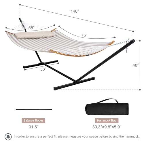 Double Hammock with Stand for Outside, Quick Dry Hammock with Curved Spreader Bars, Pillow and Carrying Bag, 450 Lbs Capacity, Light Brown Stripe - color: Zquick Dry-light Brown Stripe