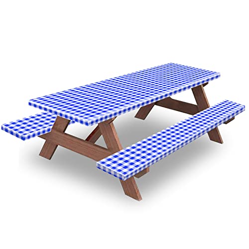 7ft Picnic Table and Bench Cover, Camping Essentials RV Gear, 84 in Waterproof Windproof Outdoor Elastic All Around Tablecloth, Fitted Rectangle Tables and Seats, Blue-White Checkered - color: Blue-white Checkered, size: 84"