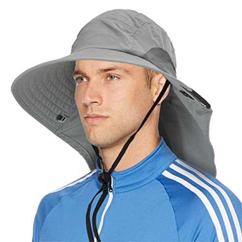 SUN CUBE Wide Brim Sun Hat with Neck Flap, UPF50+ Hiking Safari Fishing Hat for Men Women, Sun Protection Beach Hat - color: Gray