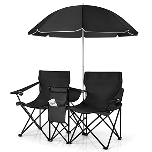 LUARANE Folding Double Camping Chair, Outdoor Picnic Chairs w/Removable Umbrella, Mini Table, Cup Holder & Carrying Bag, Portable Camping Loveseat for Patio, Pool, Lawn, Beach, Park (Black) - color: Black