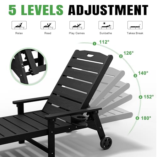 Outdoor Lounge Chair Set of 2 with 5-Position Adjustable, Outside Lounge Chair with Cup Holder, Wheels for Easy Mobility, HDPE Tanning Chair for Poolside, Patio, Black - color: Black, size: 2pc