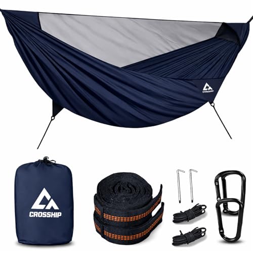 Camping Hammock with Mosquito Net, 2 Person Hammock Bug Net, Portable, Parachute Nylon for Outdoor, Camping, Hiking, Backpacking, Backyard, Beach, Travel (Hold Up to 500lbs) (Midnight Blue) - color: Midnight Blue