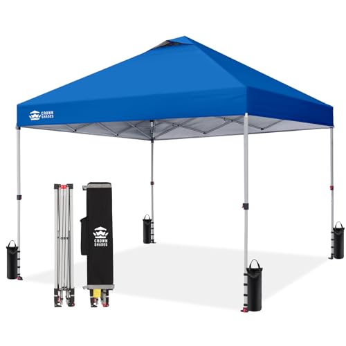CROWN SHADES 10x10 Pop Up Canopy - Beach Tent with One Push Setup - Easy Outdoor Sun Shade for Events, Parties, Camping - Gazebo with STO-N-Go Cover Bag, Silver Coated Top, Blue - color: Blue, size: 10x10