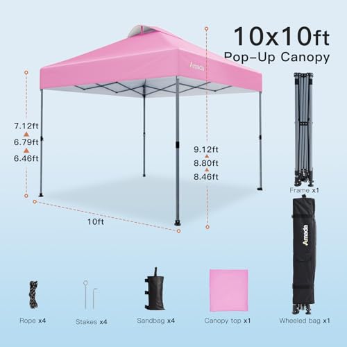 Amada 10x10 Pop Up Canopy Tent, 1-Button Push Easy-up Outdoor Canopy Beach Tent with 3-Height Adjustable Waterproof Shade Shelter, Wheeled STO-N-Go Bag 8 Stakes, 4 SandBags (Pink) - color: Pink, size: 10x10ft