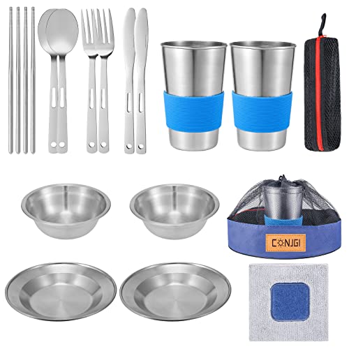 Outdoor Camping Mess Kit - 1 to 2 persons Camping Dishes Includes Cups, Bowls, Dishes, Knives, Forks, Spoons, Etc, Camping Dinnerware Set with Mesh Bag is Easy to Carry Camping Tableware Set - color: 2-person set blue