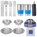 Outdoor Camping Mess Kit - 1 to 2 persons Camping Dishes Includes Cups, Bowls, Dishes, Knives, Forks, Spoons, Etc, Camping Dinnerware Set with Mesh Bag is Easy to Carry Camping Tableware Set - color: 2-person set blue