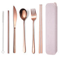 AARAINBOW 6 Pieces 18/8 Stainless Steel Flatware Set Portable Reusable Cutlery Set Travel Utensils Set Including Chopsticks Knife Fork Spoon Straws Cleaning Brush Dishwasher Safe (Rose Gold) - color: Rose Gold