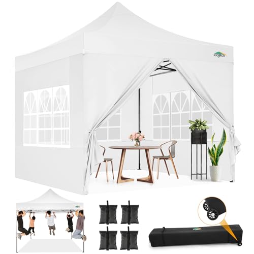 COBIZI 10x10 Pop Up Canopy with Sidewalls Heavy Duty Commercial Tent Easy Up Outdoor Canopy for Party, Wedding, Event and Backyard, All Season Windproof&Waterproof with Roller Bag UPF 50+, White - color: White, size: 10x10 With 4 Sidewalls