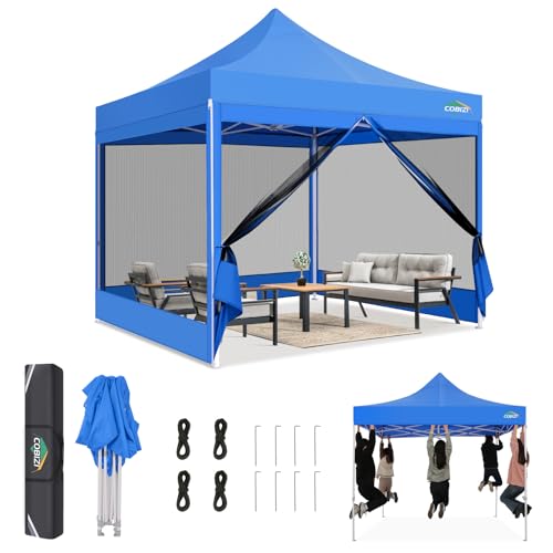 COBIZI Canopy Tent 10x10 Heavy Duty, Pop Up Gazebo with Netting Screened, Waterproof Ez up Canopy with Sidewalls, Outdoor Instant Screen House Tent for Party, Backyard, Wedding, Birthday, Blue - color: Blue, size: 10x10FT