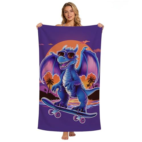 Dragons Beach Towel Blue Dragons Skateboarding Patterned Bath Towel for Kids Adults, Lightweight Quick Dry Purple Orange Sunset Palm Tree Surf/Swim/Pool/Travel Towels, Oversized 32x52 - color: Dragons