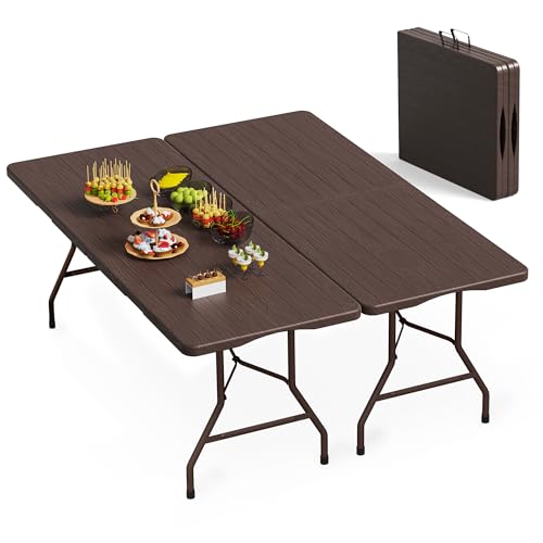 VSOAEIL Set of 2 6 Foot Folding Table for Indoor Outdoor, Portable Heavy Duty Fold-in-Half Utility Plastic Foldable Dining Table with Carrying Handle for Picnic, Camping and Party, 2 Pack Brown - color: Brown, size: 6 FT - 2 PACK