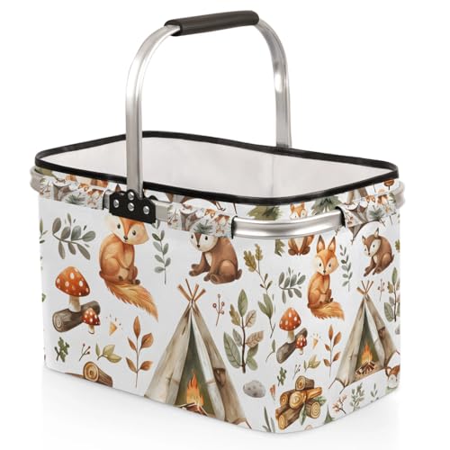Picnic Basket, MARYHFENVA Shopping Basket with Handle 40L Collapsible Grocery Basket Portable Folding Basket for Marketing Picnic Reusable Laundry Basket for Travel - color: Foxes