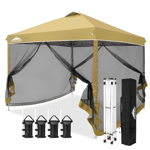 EAGLE PEAK 10x10 Outdoor Easy Pop up Canopy with Netting, Instant Screen Party Tent with Mesh Side Walls, Beige - color: Beige