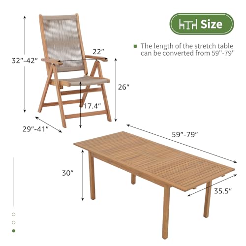 OC Orange-Casual 7 Pieces Patio Dining Set Outdoor Furniture with 6 Foldable Acacia Wooden and Rope Chairs and Large Table for Outdoor,Yard, Garden, Porch，Beige - color: Beige