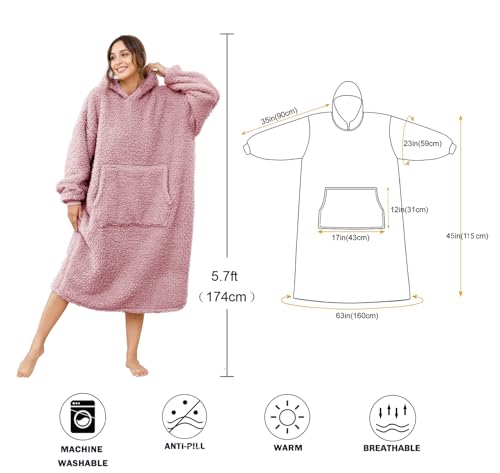 Sherpa Wearable Blanket Oversized Hoodie Sweatshirt TV Blanket with Long Sleeves and Pocket (DustyPink, One Size) - color: Dustypink