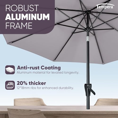 Tempera Patio Market Outdoor Table Umbrella with Push Button Tilt and Crank, Large Sun Umbrella with Sturdy Pole & Fade Resistant Canopy, Easy to Set - color: Grey, size: 9 FT
