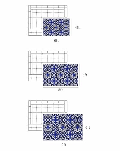 Large Outdoor Rug 5'x8' for Patio Indoor Outdoor Area Rug Boho Flower Line Texture Blue Rugs Outside Patio Rugs Camping Carpet Mat for Spring Picnic - color: Bohemianhoe7414, size: 5' x 8' (Rectangular)