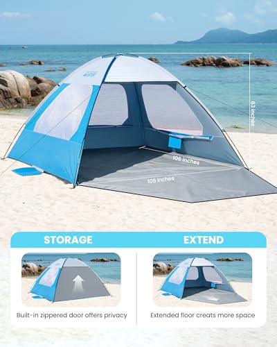 OutdoorMaster Beach Tent for 3/4/6/8 Person - Easy Setup Sun Shade Shelter, Portable Beach Shade Sun Canopy with UPF 50+ UV Protection, Removable Skylight Family Size - color: Icy Blue, size: 6 Person