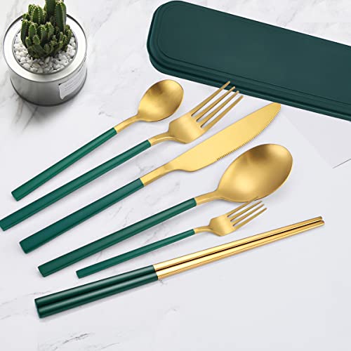 AARAINBOW 6 Pieces Stainless Steel Flatware Set Portable Reusable Cutlery Set Travel Utensils Set Including Chopsticks Knife Fork Spoon Straws Cleaning Brush Dishwasher Safe (B-Green golden) - color: B-Green golden