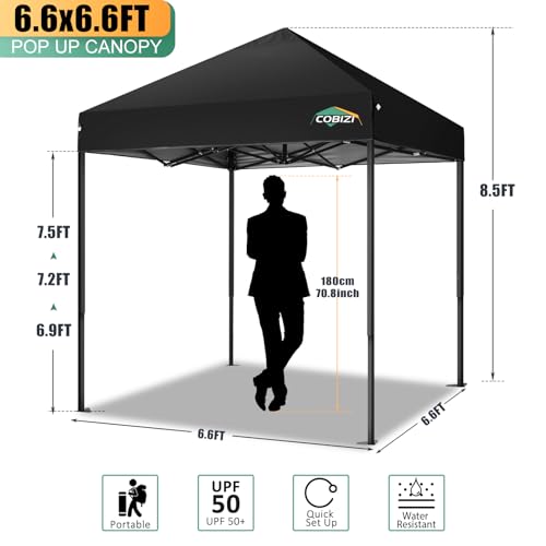 COBIZI 6.6x6.6ft Pop Up Canopy Tent, Heavy Duty Canopy Easy Set up All Weather Waterproof Outdoor Canopy Tent for Parties, Beach, Garden, Camping with 1 Handbag, 3 Adjustable Heights, UPF50+, Black - color: Black, size: 6.6x6.6 Without Sidewalls