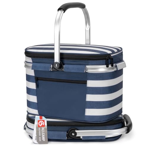 ALLCAMP Picnic Basket - Insulated Cooler, Thickening Foldable Picnic Basket with Removable Baskets & Sewn-in Frame, Basket for House Warming Gifts New Home(Blue White) - color: Blue White, size: Medium