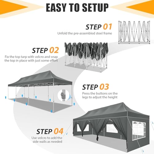 HOTEEL Tents for Parties 10x30 Pop Up Canopy Tent Heavy Duty with 8 Sidewalls, Commercial Party Tent Event Wedding Instant Canopy Waterproof with Carry Bag, UV 50+, Thicked Hexagonal Legs, Grey - color: Gray, size: 10x30FT (+8 Walls)