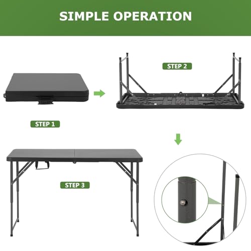 BestOffice 4 FT Picnic Table Folding Table Camping Plastic Table Fold Up Table Lock for Party Event, Black - color: Black, size: 4 FT