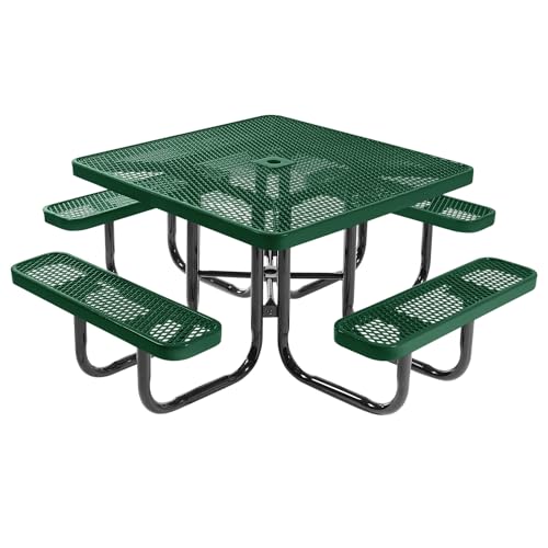 COATEDOUTDOORFURNITURE Heavy-Duty Portable Outdoor Picnic Table with Umbrella Hole, Expanded Metal Commercial-Grade Patio Dining Furniture Made in America (46" Square Top, Green) - color: Green, Expanded Metal, size: 46 In, Square, Expanded Steel