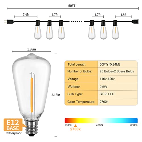 Outdoor String Lights, 50FT Heavy Duty Patio String Lights with 26 LED Dimmable Plastic Shatterproof Bulbs, ST38 0.6W Waterproof Light Strings for Backyard, Porch, Bistro, Cafe, 2700K - color: Black Wire, size: ST38 50FT