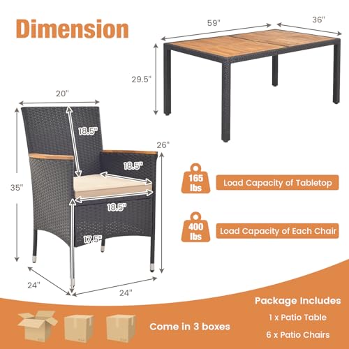 HAPPYGRILL 7 Pieces Outdoor Dining Set, Patio Conversation Set with Umbrella Hole, Acacia Wood Tabletop & Seat Cushions, Dining Table with 6 Rattan Wicker Chairs for Backyard Poolside Deck - color: Black & Beige