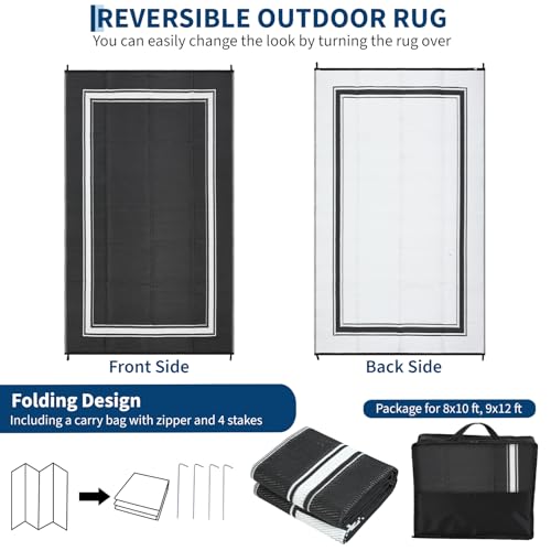GarveeHome Outdoor Rug Waterproof 8x10 Reversible Outdoor Plastic Straw Rug Modern Bordered Patio Rugs Indoor Outdoor Mat RV Mat Outside for Patio Camp Balcony Deck Picnic, Black - color: Border|black, size: 8' x 10' (Rectangular)
