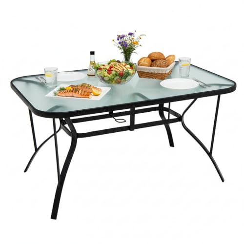 Tangkula 55" Patio Dining Table for 6, Rectangle Outdoor Dining Table with Tempered Glass Tabletop, Umbrella Hole & Metal Frame, 6-Person Outside Dining Table for Backyard, Lawn, Deck & Poolside - size: 55" x 35" x 28"