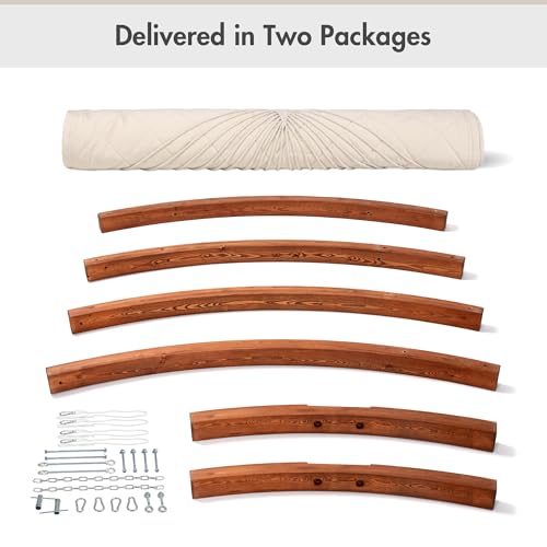 ANOW Heavy Duty Curved Wood Arc Stand with 2 Person Hammock, 13.5FT Larch Wood Stand with 2 Chains, 4 Balance Ropes and 4 Carabiners, Includes Cream Hammock with Spreader Bars - color: Cream-quilted