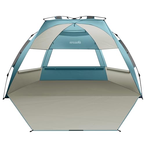 OutdoorMaster Beach Tent Sun Shelter for 3-4 Person, Pop Up Beach Tent Easy Setup with Sandbags, Portable Sun Shade Canopy with Carrying Bag for Beach & Outdoor, UPF50+ UV Protection, Family Size - color: Cancun Seashore, size: X-Large