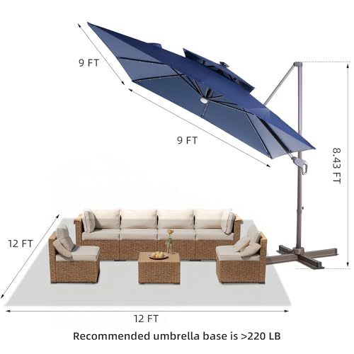JZAC & QZYD 9x9 FT Outdoor Cantilever Patio Umbrella with Solar LED Lights, Large Heavy Duty 2-Tier Canopy Square Aluminum Offset Umbrellas with 360-Degree Rotation for Pool Deck Backyard, Navy - color: Navy, size: 9'×9'