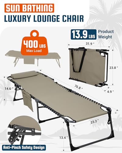 KingCamp Lounge Chair Outdoor,400LBS Tanning Chairs for Outside,Adjustable 5-Position Patio Lounge Chair Sunbathing Chase Lounge Chair Outdoor for Outside Beach Patio Sun Bathing Pool Backyard - color: A*trifold Origins——beige, style: 400lbs&Pinch-Proof S