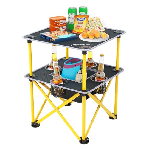 Folding Camping Table with 4 Cup Holders, Lightweight Portable Beach Outdoor Picnic Table, Square Camp Table with Built-in Food Basket Travel Bag for BBQ, Camping, Tailgate - color: Black