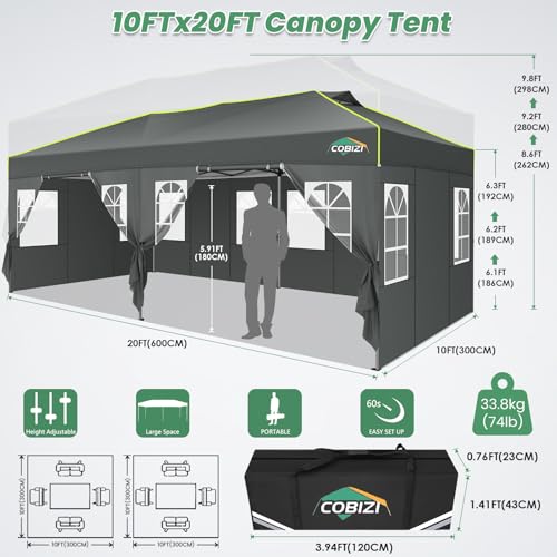 COBIZI 10x20 Pop Up Canopy Tent with 6 Removable Sidewalls, One Push Party Tent Outdoor Waterproof Event Canopy with Air Vent for Parties Commercial Wedding, 3 Height, Carry Bag, Sandbag, Gray - color: Gray, size: 10x20【with 6 Sidewalls】